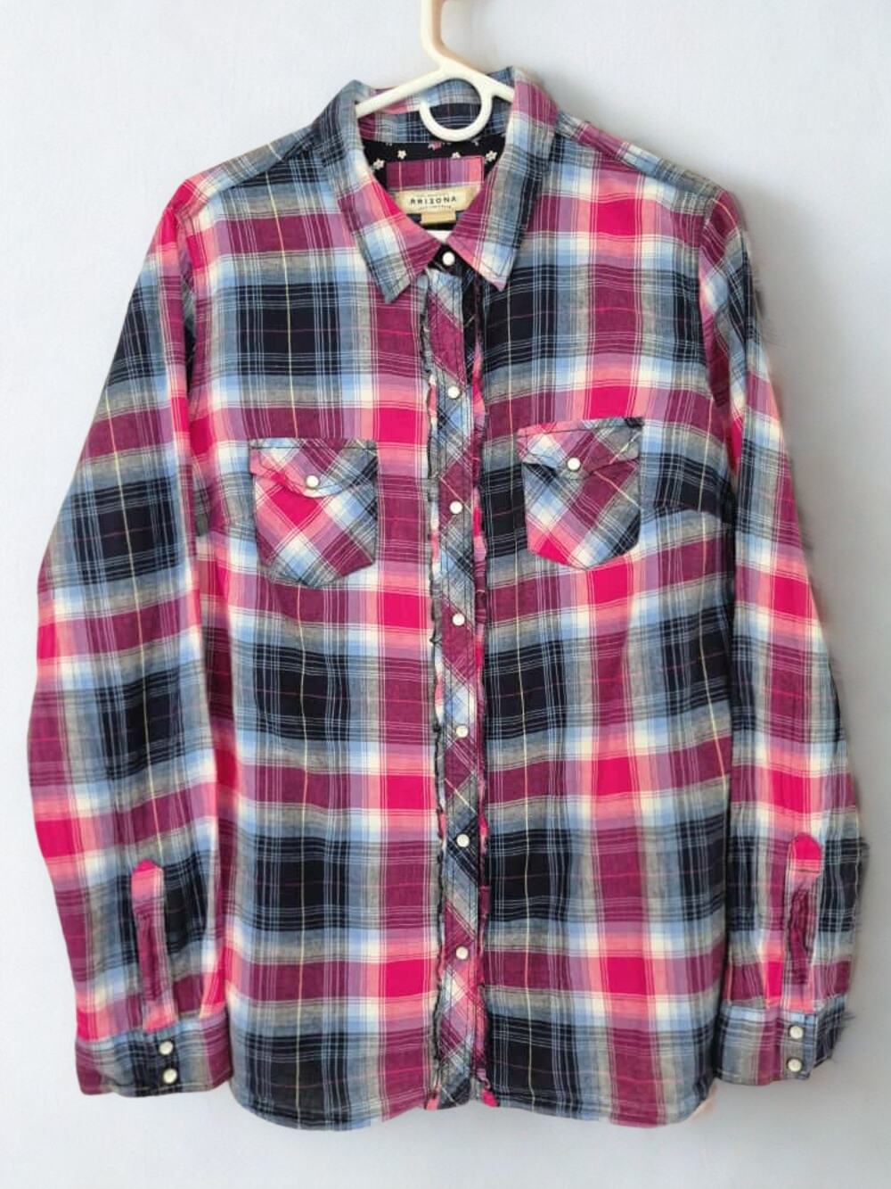 Arizona Womens Top Jr XL Plaid Flannel Blue Pink Pearl Button Western Cowgirl